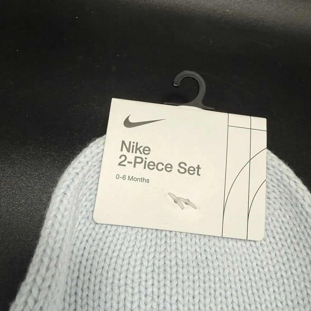 New Nike 2 Piece Set Beanie Booties Set 0-6 Months Blue Knit Pull On
